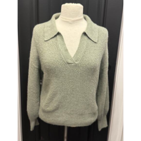 Pink Rose Sage Green Waffle Knit Sweater Top Collar Size Small - Picture 1 of 9